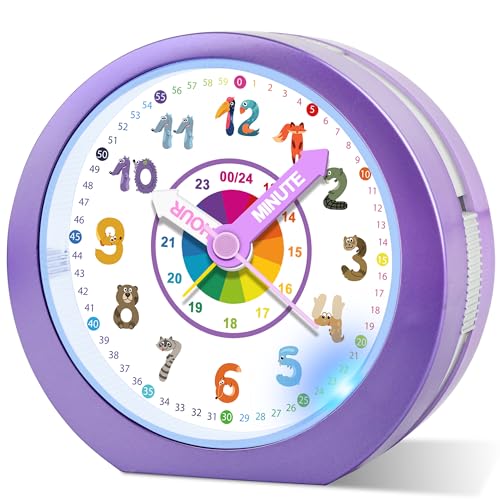 Ayybboo Wecker Kinder Ohne Ticken mit Snooze und Nachtlicht,Kinderwecker Batteriebetrieben Lernwecker für Jungen und Mädchen,Quarz Analog Wecker für Kinder (LilaTiere)