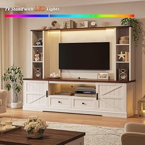 EnHomee Wood TV Stand TV Stands for Living Room Up to 65Wall Unit Entertainment Center with Ample Storage Space and Adjustable Shelves TV Console with 2 LED Lights Power Outlets White