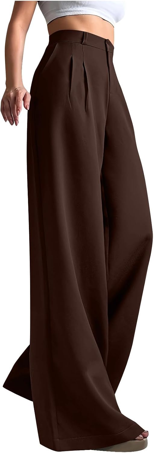 Women Wide Leg Suit Pants High Waisted Office Work Business Casual Baggy Classic Solid Color Button Basic Trousers