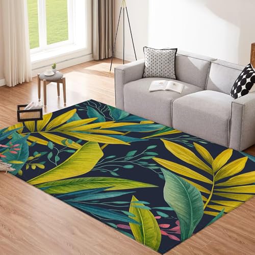 Tapis de salon antidérapant à poil ras doux motif feuilles de jungle - 3