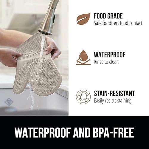 Miniatura 6 de GORILLA GRIP Juego de 4 manoplas de horno de silicona suave sin BPA y soportes para ollas, resistentes al calor, forro de algodón grueso, agarre