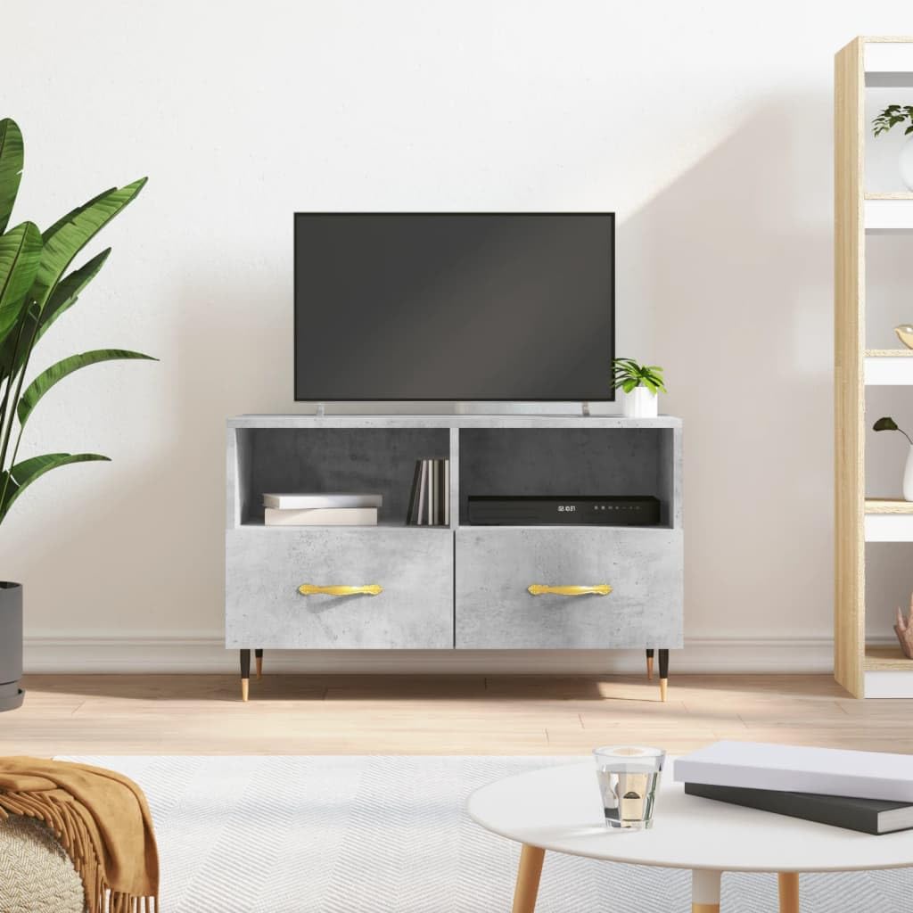 Mobile TV grigio cemento in legno con gambe in ferro, 80 x 36 x 50 cm, mobile basso con vano portaoggetti, cassetti e ripiano, mobile moderno per soggiorno, per gaming, home theater e