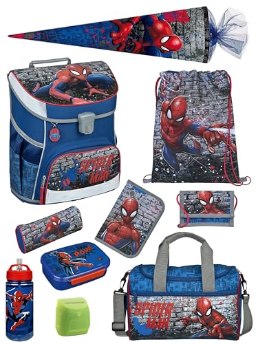 Familando Jungen Schulranzen 1. Klasse · Scooli Campus Fit Schultasche · ergonomisch & leicht · Schulranzen Set für Jungs und Mädchen (10-teiliges Set mit Schultüte, Spiderman Blau)