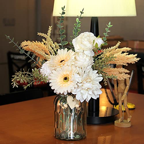 Poeuo Faux Flowers With Vase, Artificial Fake Flowers In Vase, Roses Silk Flowers With Eucalyptus Stems Arrangement For Kitchen Office Home Living Room Decorations Dining Table Centerpiece, Ivory #TOP5