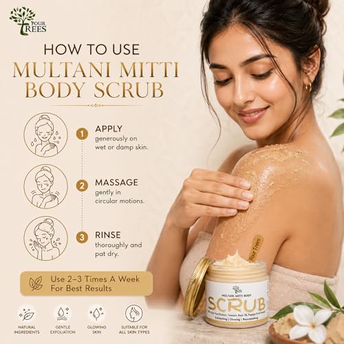 Image of Four Trees Body Scrub for Tan Removal (Multani Mitti) | Body Polish Scrub | Exfoliates with Aloe Vera, Turmeric Root Oil, Papaya Fruit Extract | For Men & Women | 200gm
