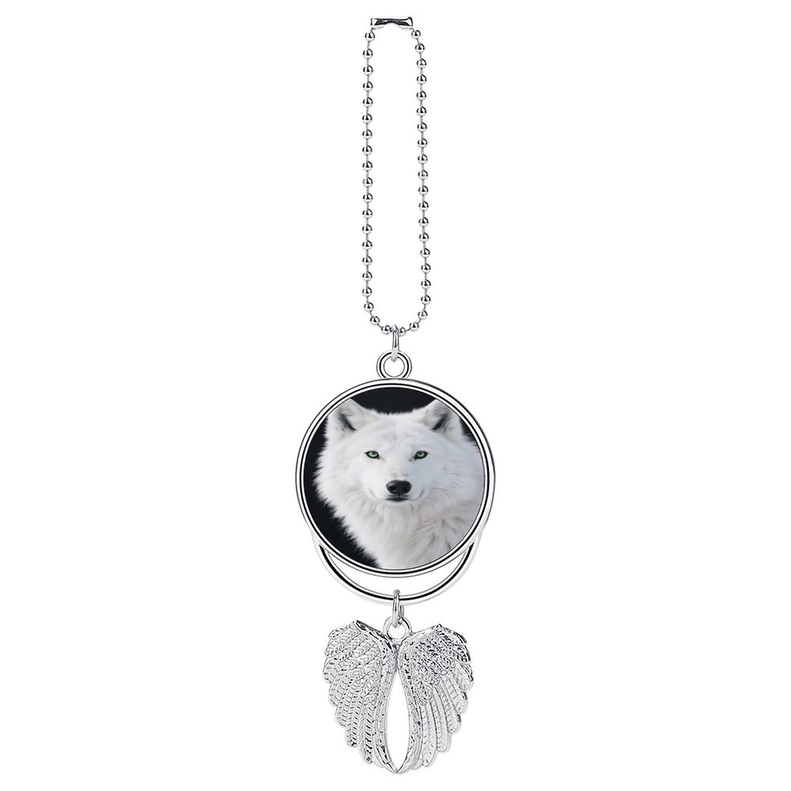 Cool White Wolf with Green Eyes Car Pendant Car Rearview Mirror Pendant Custom Photo Car Hanging Ornament Car Rear View Mirror Hanging Accessories Angel Wing Car Charm Gift for Men Women
