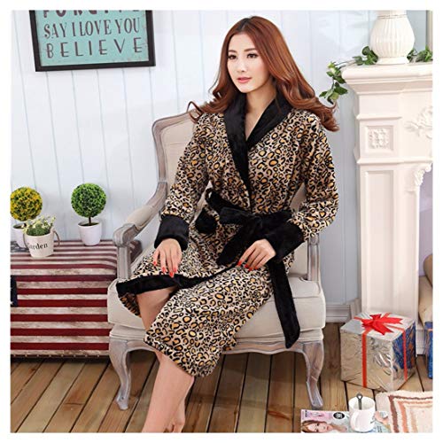 OMFGOD Mujeres Invierno Albornoz Espesor Largo Franela Leopard Imprimir Pijama Moda Cómodo Ocio Vestido de Noche,Imagen,XXL