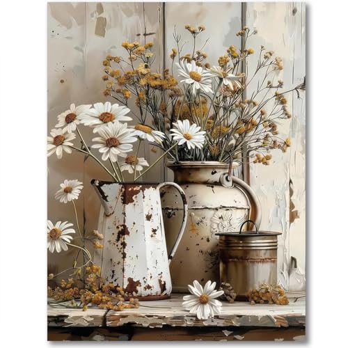 Image of Retro Daisy Stamped Cross Stitch Kits for Adults - Flower Embroidery Kits for Beginners Adults,11 CT Patterns Dimensions Counted Cross Stitch Kits for Adults Arts Craft 12x16 inch