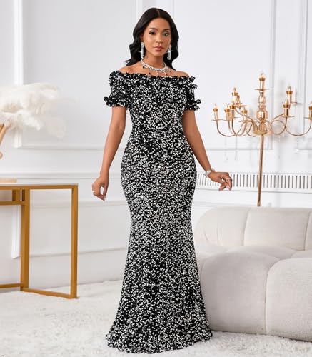 Image of dasmzper Women Sexy Sequin Off Shoulder Ruffle Short Sleeve Bodycon Mermaid Party Formal Evening Maxi Dress