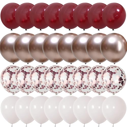 Image of Burgundy Red Balloons, 35PCS Maroon and White Latex Balloons, Wine Red and Rose Gold Confetti Balloon for Birthday Wedding Anniversary Engagements New Year Valentines Day Party Decorations Supplies