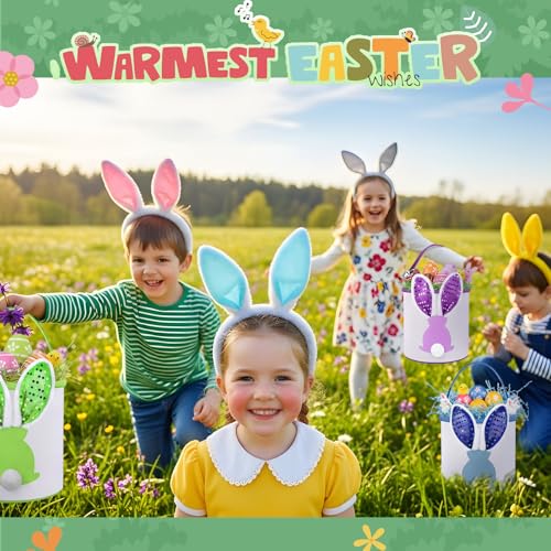 Image of Honeydak 6 Pcs Easter Bunny Basket for Kids Paillette Ear Tote Bag Color 1