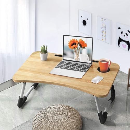 Image of Study Table Foldable Wooden Laptop Bed Tray Table, Multifunction Lap Tablet Desk with Cup Holder, Perfect for Eating Breakfast, Reading Book, Working, Watching Movie On Bed(Brown Drawer)