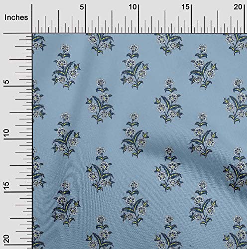 oneOone Cotton Poplin Grayish Blue Fabric Leaves & Flower Floral Craft Projects Decor Fabric Printed By The Yard 56 Inch Wide
