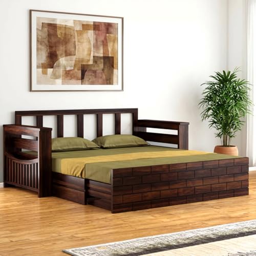 Image of Amazon Brand - Solimo Sheesham Wood Italian 3 Seater Sofa Cum Bed with Drawer and Side Pocket Storage | Wooden Bed with Cushion | Multipurpose Sofa Furniture for Home & Living Room (Walnut Finish)