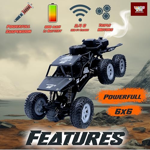 Image of Wonder 6X6 Rock Crawler Remote Control Car | Smoke Function | Abs Plastic | Body App Control | Triple Motor 6 Wheel Drive Off Road Toy with Shock Suspension Rechargeable Battery for Kids - Black