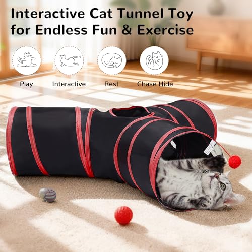 Image of Tempcore Cat Tunnel for Indoor Cats, 3 Way Collapsible Pet Play Tunnel with Teaser Wand, Peek Holes & Hanging Ball, Interactive Tube for Kittens & Rabbits, Black & Red