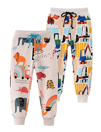 Image of HUAER& Baby Boy's Jogger Pants Dinosaur Car Animal Print Drawstring Elastic Sweatpants (1-Pack 2-Pack)