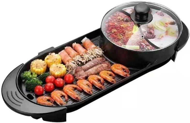 27? Hot pot with Grill,Electric BBQ Grill 2200W Non-Stick Korean Barbecue Grill for 2-12 People,Independent Dual Temperature Control(110V) Black