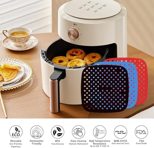 Image of Silicone Air Fryer Liners Non Stick Easy Clean Air Fryer Mats Parchment Paper Replacement for Air Frying Steaming Oven Baking (Combo 3)