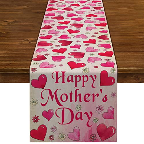 Happy Mother's Day Table Runner Watercolor Love Heart Rustic Linen Dining Room Kitchen Table Indoor Outdoor Decoration #TOP22