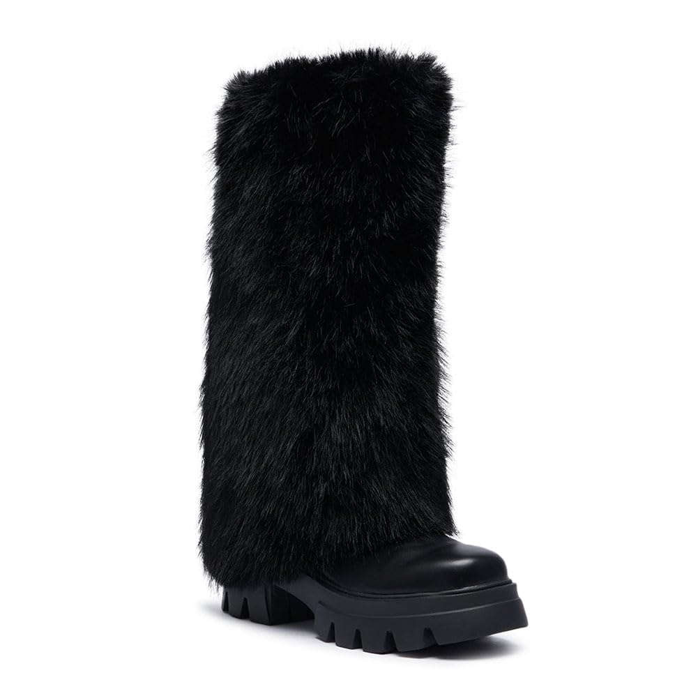 Womens Fold Over Boots for Women Wide Calf Slouchy Platform Mid Calf Boots Pull on Chunky Heel Pleated