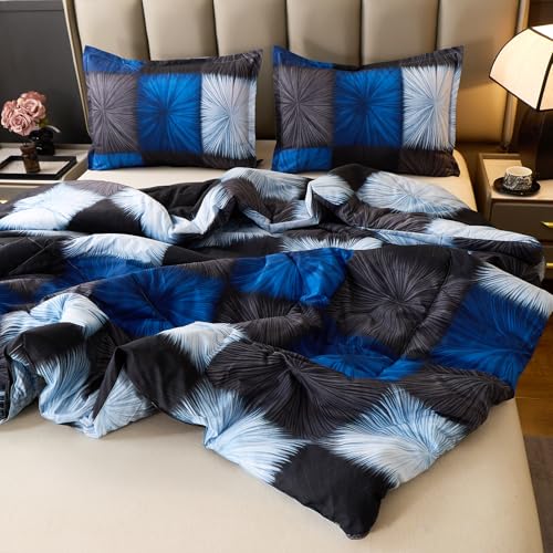 Image of Caressma Plaid Comforter Set Black and Navy Blue, Twin Size Black and White Checkered Comforter Bedding Set, Fluffy Black Grid Home Decor for All Seasons