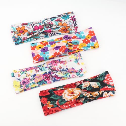 Image of DRESHOW 4 Pack Boho Non-Slip Headbands for Women Girls Yoga Workout Running Knotted Turban Floral Elastic Head Wrap
