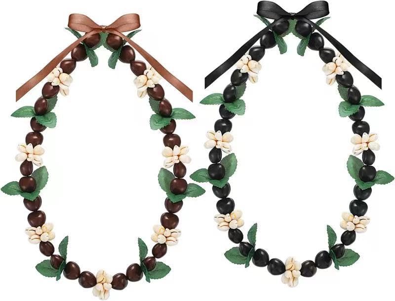 Hawaiian Graduation Kukui Nut Leis Flower Necklace Ribbon Bow Tie Closure Adjustable Acrylic Heart Shell Beads for High School College Graduation Student-Brown