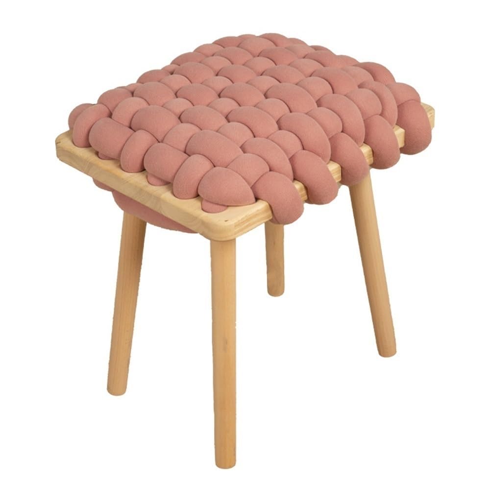 RNBEmU Twisted Woven Small Stool with Soft Cushion, Cozy Vanity Stool, Footstool and Makeup Bench for Living Room, Bedroom, Entryway(Pink)