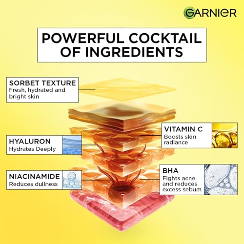 Image of Garnier Fresh & Bright Vitamin C Sorbet Gel Face Moisturizer Cream, 45g | 4.5% Vit C + Hyaluronic Acid + Niacinamide + BHA, For Hydration & Dark Spot Reduction, For Oily, Normal & Combination Skin
