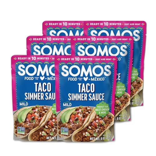 Image of SOMOS Taco Simmer Sauce - Taco Sauce with Tomatoes, Cumin, & Mild Red Chiles - Gluten Free - Plant Based - Non-GMO - All Natural - Perfect for Beef, Chicken, & More - 8oz (6 Pack)