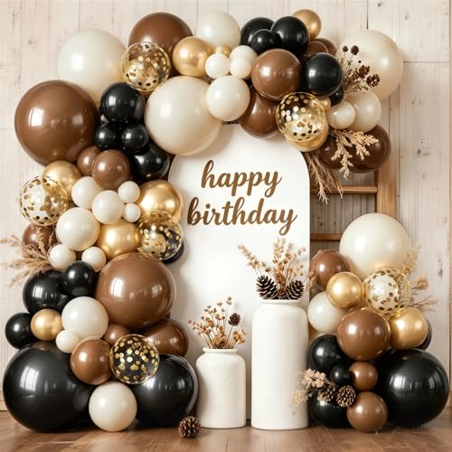 Image of Brown Black Balloon Arch Kit, Sand White Gold Black Tan Balloons Dark Brown Beige Gold with Confetti Balloons Garland for Wild Western Cowboy Country Birthday First Rodeo Party Decoration
