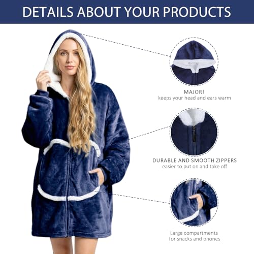 Image of Oversized Wearab Blanket Hoodie, Cozy Flannel Blanket with Sleeves and Zipper for Women, Mens, Teens
