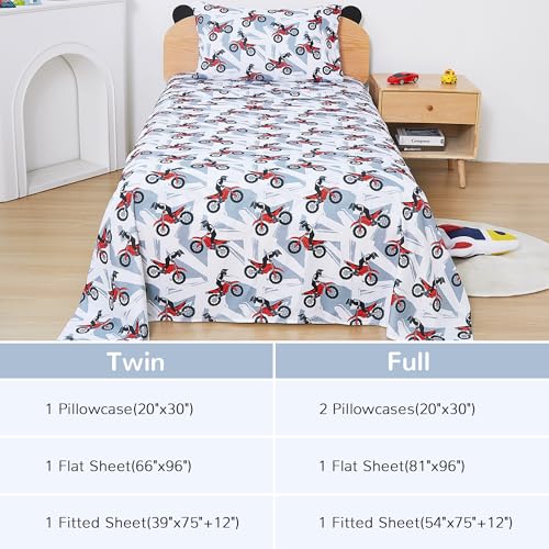 Image of Viviland 3 Pieces Boys Grey Twin Sheet Set - Soft Microfiber Fitted Flat Sheets & Pillowcase - Red Motorcycle Print Bedding Sets - for Kids & Toddlers