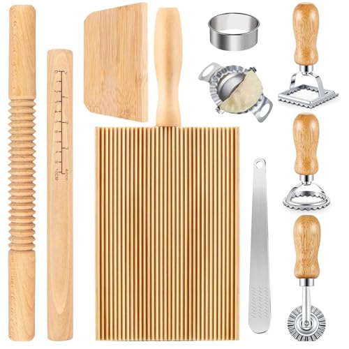 Hintyne Herramientas para Hacer Pasta 5 Tablas de Madera para ñoquis con Rodillo para Pasta Cortador de raviolis Cortador de Masa y máquina para Hacer empanadillas Cocina.