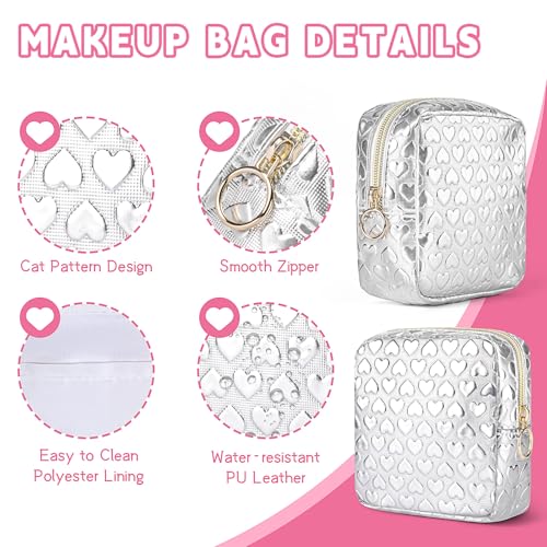 Image of Likesing 5.1 inch Mini Makeup Bag for Purse, Leather Small Makeup Pouch Travel Cosmetic Make up Bags for Women Girls, Cute Preppy Mini Toiletry Bag Coin Pouch Period Bag(3D Love Silver)
