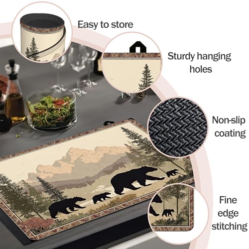 Image of Multi-Design Silicone Stove Cover for Glass /Electric Stoves - 3-in-1 Heat-Resistant Protector Mat, Non-Slip Drying Rack (Bear Family Forest, 28 inch L x 20 inch W)