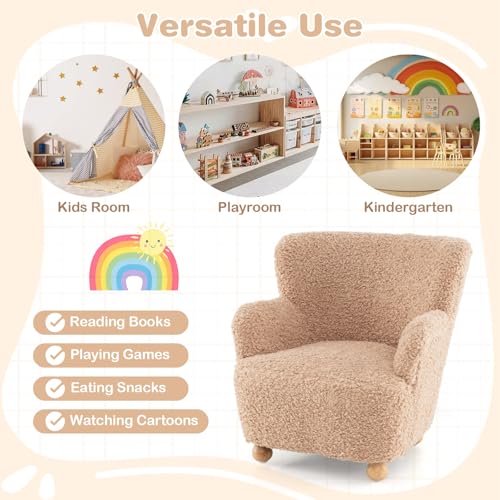 Image of KOTEK Comfy Toddler Chair, Sherpa Kids Armchair with Rubber Wood Legs, Children Reading Chair for Boys & Girls, Upholstered Kids Sofa for Playroom Bedroom Nursery (Pink)