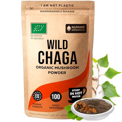 Organic Chaga Mushrooms Powder - Fine Powder to Make Chaga Tea for Immune Defense and More Energy Organic Chaga is Wild Grown and Sustainably Harvested in Europe Certified USDA Organic 100 servings