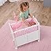 Badger Basket Wooden Toy Doll Bed with Storage, Mobile, and Bedding to Pretend and Play - Includes Wheels and Free Personalization Kit - White with Pink Gingham Fabric