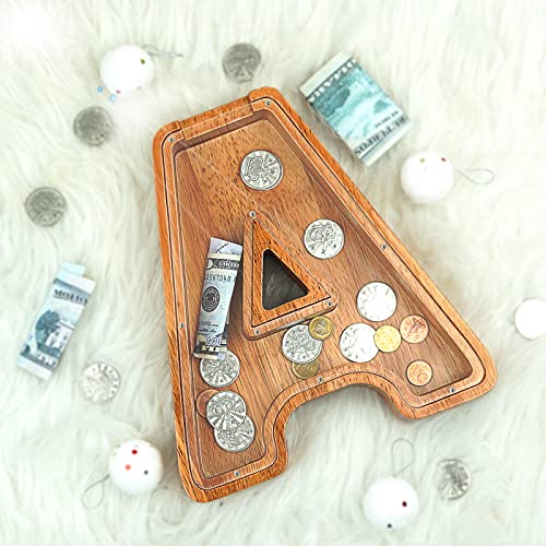 Image of Piggy Bank for Kids, Boys, Girls, Large Personalized Wooden Letter Piggy Bank with Cut Out Design, Alphabet Letter Coin Banks, Money Savings Box, Wooden Bench for Kids Creative