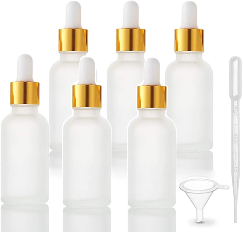 Furnido Conjunto com 6 frascos de vidro fosco de 30 mL com conta-gotas, tampa dourada, pipeta e funil