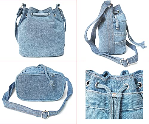 Upcycling Blue Denim Jeans Small Drawstring Crossbody Bag Bucket Pouch Sac Shoulder Handbag Purse4