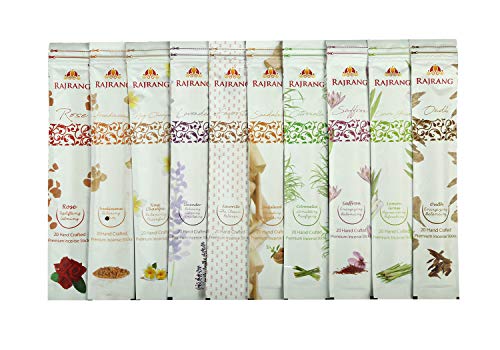 Premium Fragrance Incense Sticks Set of 10 Flavors Organic Natural Nag Champa, Oudh, Favorite, Pink, Sandalwood, Lavender, Frank Frankincense, Lemongrass, Citronella, Saffron Agarbatti - 200 Sticks