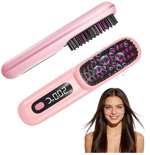 Go Brush Pro for Short Hair 2026, Portable Straightener Brushs for Travel, with LCD Temperature Display, Fast Heating Cordless Mini Hair Brushs (Pink)