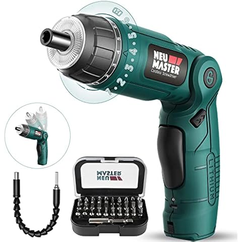 NEU MASTER Cordless Screwdriver, 4V Electric Screwdriver Rechargeable Power Screwdriver With Pivoting Handle, Front And Rear LED Light, 32pcs Bits, 6+1 Torque Setting, 2000 mAh Battery Screwdriver Cover