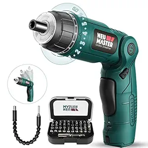 NEU MASTER Cordless Screwdriver 4V Electric Rechargeable Power With Pivoting Handle, Front LED And Rear Flashlight?32pcs Bits?6+1 Torque Setting?2000 mAh Battery