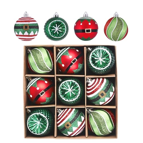 Valery Madelyn Christmas Ball Ornaments, 9ct Elf Red Green White Shatterproof Christmas Tree Decorations Set, 2.76 Inch Decorative Hanging Ornaments for Xmas Trees Bulk Holiday Party Decor