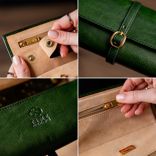 Image of Time Resistance Leather Jewelry Roll - Full Grain Leather Travel Jewelry Case - Jewellery Organizer Made in Italy (Green)