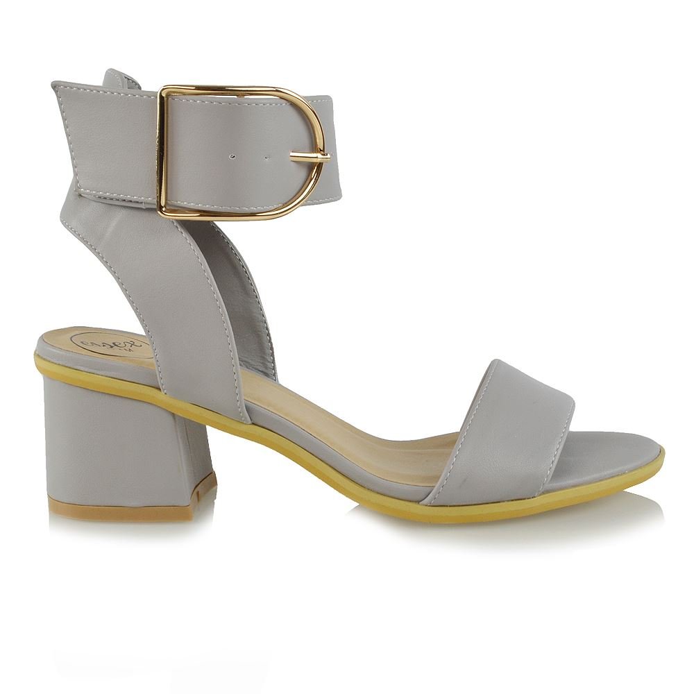 ESSEX GLAMWomens Low Heel Sandals Ankle Strap Buckle Detail Block Heel Peep Toe Sandals